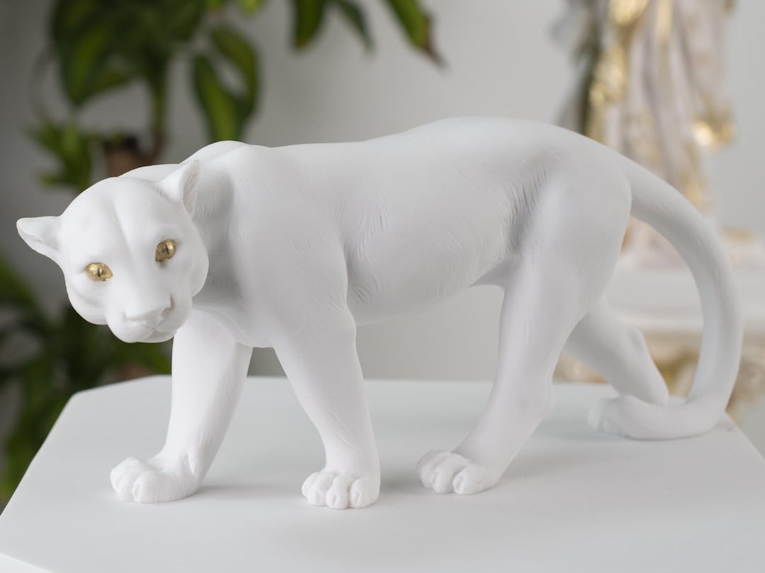 パンサー彫刻 ホワイト大理石 動物の置物 ホームデコレーション 幅31cm