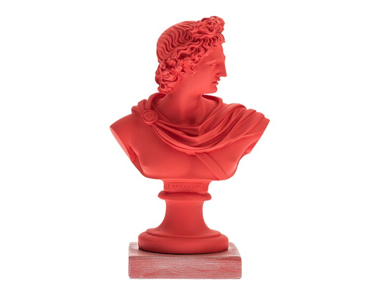 Apollo Statue,Greek Sculpture, Apollo Bust, Modern statuette, Roman Sculpture,Greek God Statue, marble, Painted Statue,decorative figurine Red