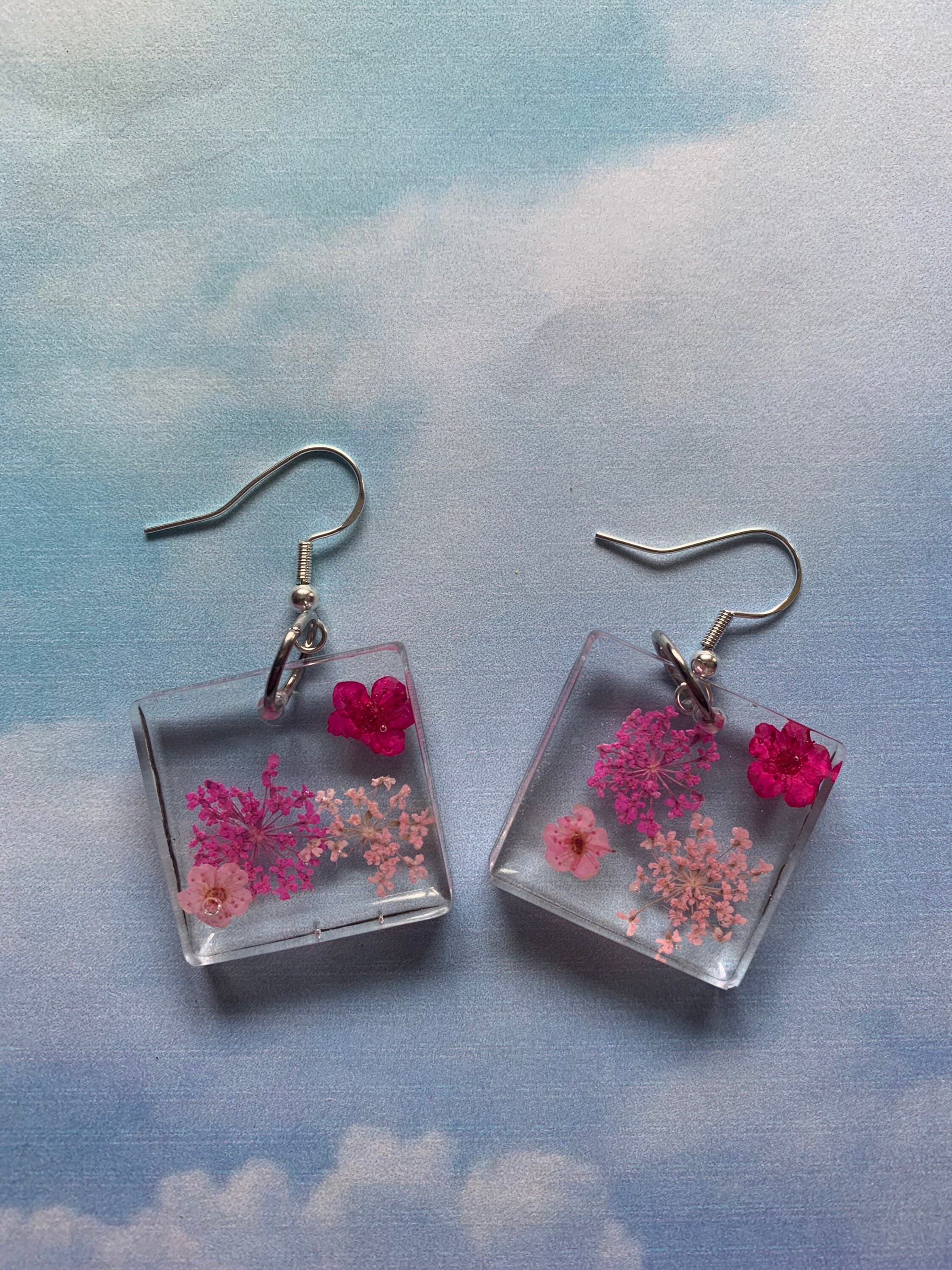 Handmade resin floral square earrings Etsy