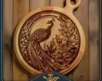 Laser engraving file: Peacock, Lazy Susan / Circle / round cutting board design laser file for cutting and engraving