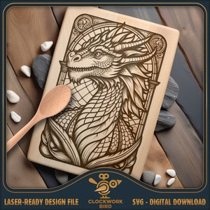 Fantasy Dragon - rechthoekige snijplank SVG / charcuteriebord laserbestand - vintage stijl ontwerp voor lasergravure