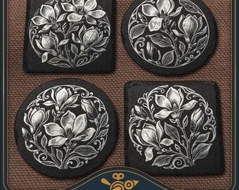 Magnolia Coaster Set Laser Files: Vintage Slate Engraving Design (SVG, PDF, PNG)