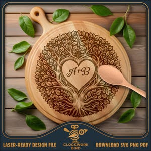 Arbre d'amour, planche à découper ronde personnalisable SVG / fichier laser de planche de charcuterie vintage - Lazy Susan Design pour la gravure au laser