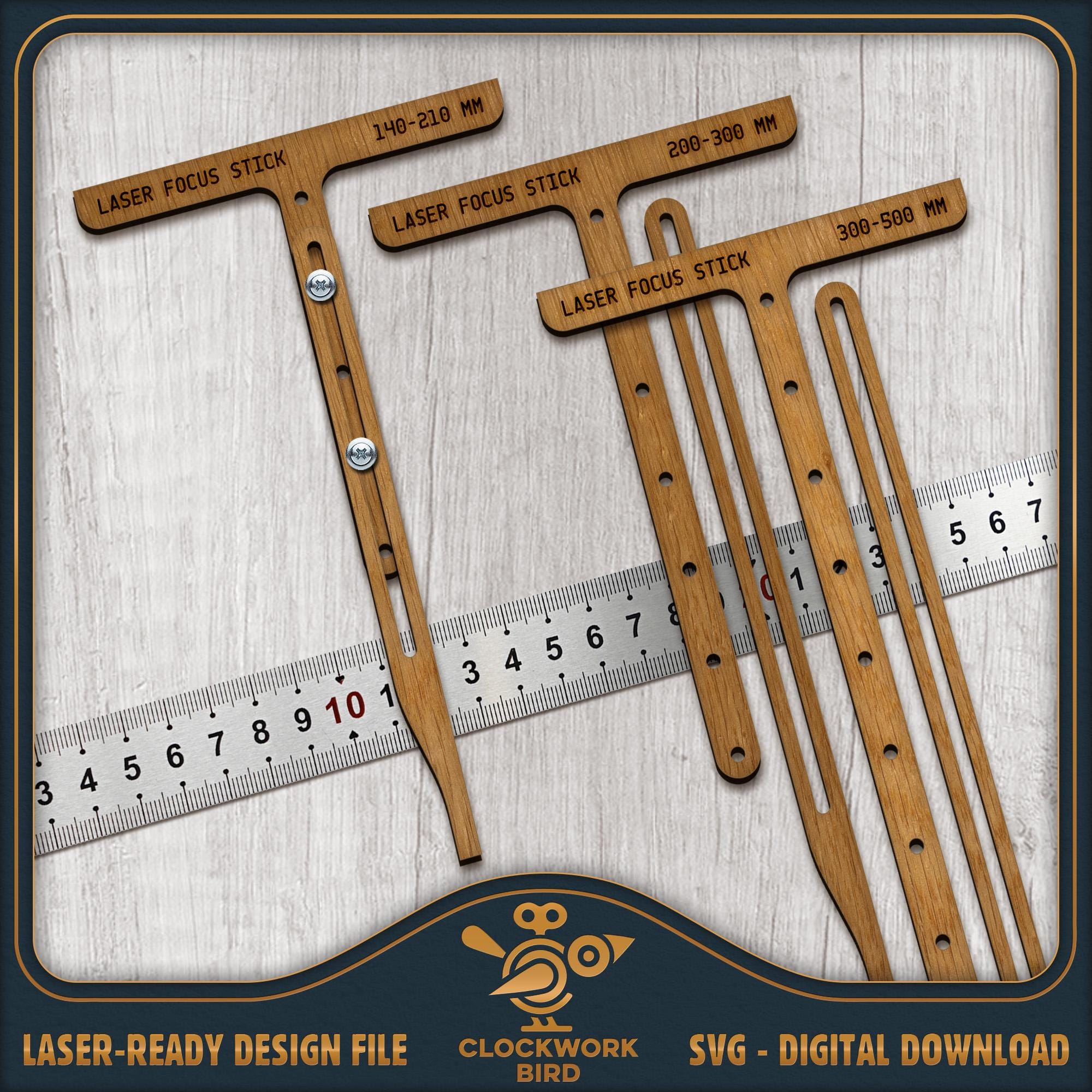Fiber Laser Focus Stick Set SVG, 3 sizes / Adjustable focal length gauge (140-500 mm) - laser cut file