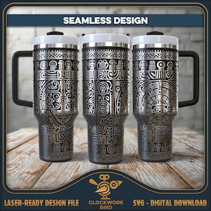 May include: A set of three stainless steel tumblers with a black and silver geometric pattern. The tumblers have a lid and a handle. The tumblers are seamless and have a laser-ready design file.