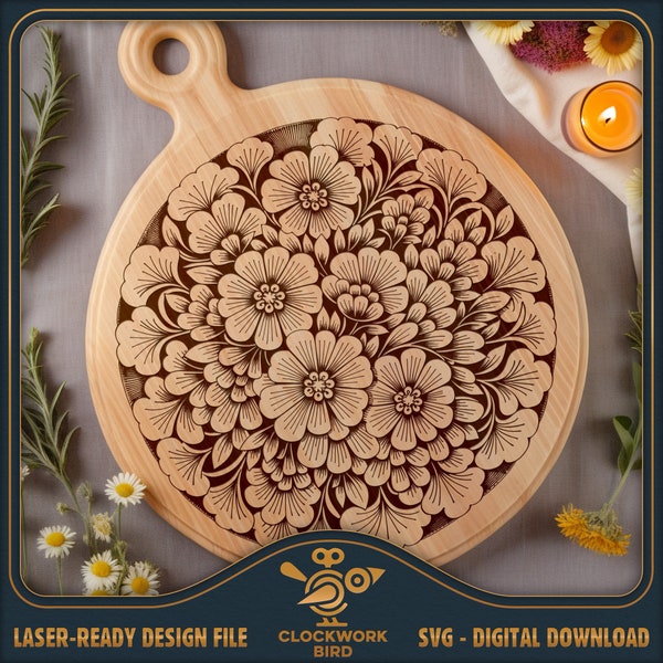 Charcuterie board SVG: Oriental Flowers - Lazy Susan / Circle / round cutting board design laser file for cutting and engraving
