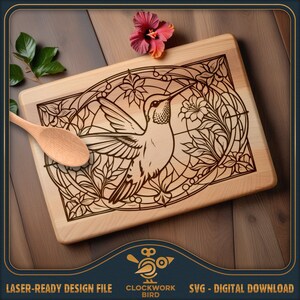 Vetro colorato colibrì - Tagliere rettangolare SVG / file laser tagliere per salumi - Design in stile vintage per l'incisione laser