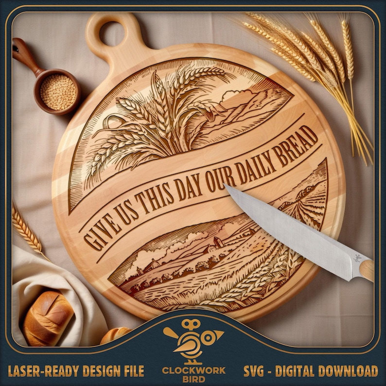Tabla de cortar SVG: Diseño redondo "Nuestro pan de cada día" (archivo láser) imagen 1