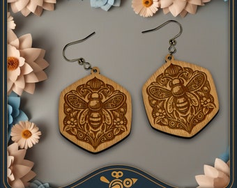 Bee Hexagon Earrings SVG - Honeycomb earrings design - Unique laser file for cutting and engraving