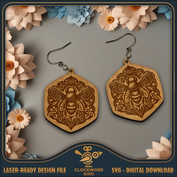 Pendientes hexagonales de abeja SVG - Diseño de pendientes de panal - Archivo láser único para cortar y grabar