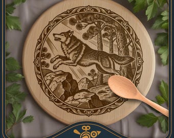 Wolf in het bos rond bord SVG – Vintage lasergravureontwerp met wilde dieren