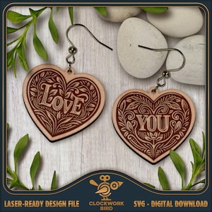 Je t'aime Saint-Valentin texte boucles d'oreilles SVG - boucles d'oreilles coeur, conception de boucle d'oreille personnalisée - fichier laser unique pour la découpe et la gravure