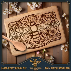 Honig Biene Glasmalerei - rechteckiges Schneidebrett SVG / Schneidebrett Laser Datei - Vintage Style Design für die Lasergravur