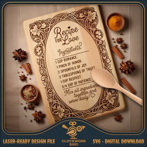 Recette pour l'amour planche à découper SVG - fichier laser de planche de charcuterie - conception de style vintage pour la gravure au laser