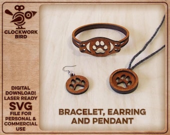 Dog Paw Jewelry Set - Laser Cut Bracelet, Earrings, Pendant