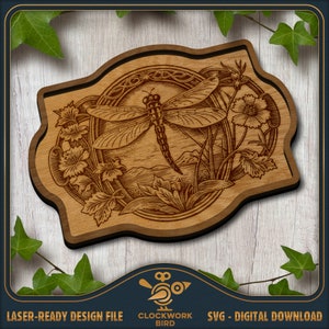 May include: A laser-cut wooden sign featuring a detailed illustration of a dragonfly surrounded by flowers. The sign has a rustic, vintage aesthetic and is perfect for adding a touch of nature to any home decor.