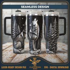 May include: Three black tumblers with handles featuring a seamless design of a wolf howling at the stars in a forest. The graphic includes pine trees and rocky terrain in white and gray tones. The text SEAMLESS DESIGN appears at the top.
