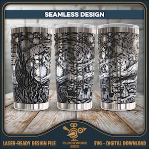 Sterrennacht Bekerpatroon in Vincent van Gogh-stijl naadloos SVG-laserbestand - ontwerp voor gravure in 20 oz of 30 oz beker