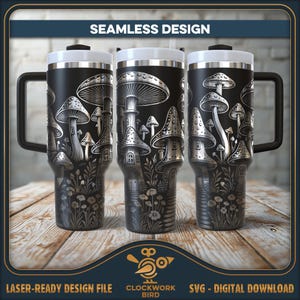Mushroom Village patroon naadloze beker wrap SVG-laserbestand - Vintage-stijl ontwerp voor 40oz bekerlasergravure