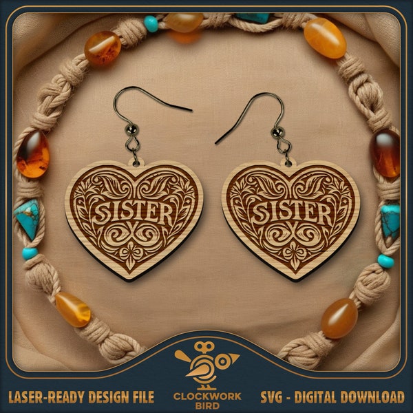 Love Sister Heart Pendientes SVG - Pendientes familiares, Diseño de pendientes vintage - Archivo láser único para cortar y grabar