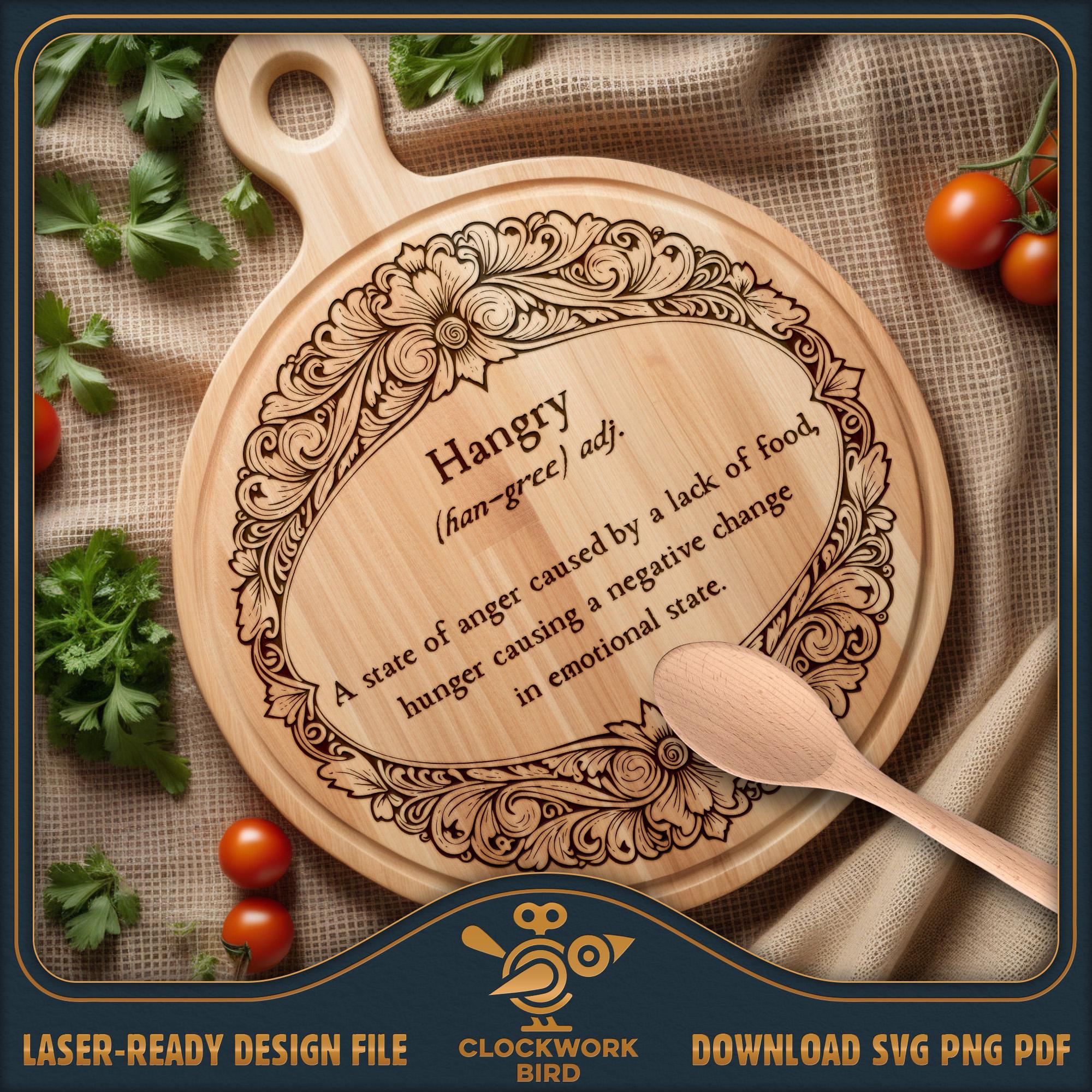 Hangry Dictionary Definition Boho style round cutting board SVG / Charcuterie board laser file - Lazy Susan Design for laser engraving