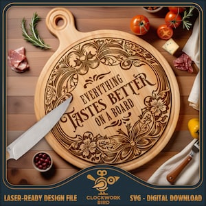 Alles schmeckt besser auf einer Tafel SVG, runde Charcuterie-Tafel-Laser-Datei - Lazy Susan Design für die Lasergravur