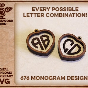 Pingente / medalhão de coração com 676 monogramas pré-desenhados (alfabeto completo de A a Z) para casais - Arquivo exclusivo cortado a laser