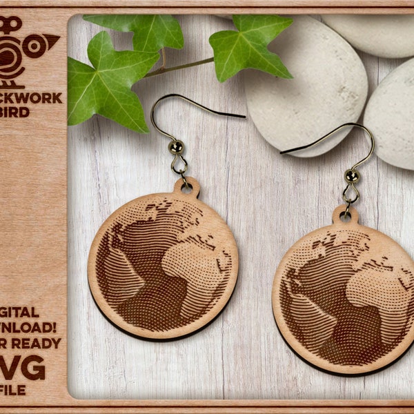 Earth globe - 3D illusion earrings with fine engraving - Unique laser cut file / SVG