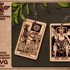 Boucles d'oreilles carte de tarot d'Halloween : Le Diable et la mort - Fichier unique découpé au laser