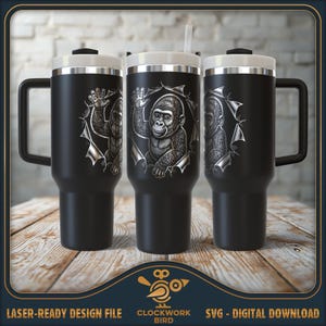 May include: Three black travel mugs with white lids and handles. Each mug has a silver illustration of a gorilla waving from a torn paper effect. The mugs are displayed on a wooden surface.