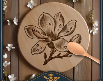 Magnolia Flower SVG: Laser Cut Round Charcuterie Board Design (Digital Download)