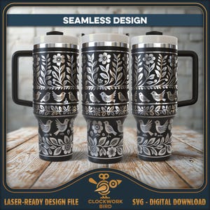 Folk Art Birds Tumbler Wrap SVG: Vintage Laser-Datei für 40 Unzen Tumbler