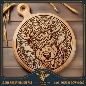 Vitrail de vache des Highlands - planche à découper ronde SVG / fichier laser de planche de charcuterie - Lazy Susan Design pour gravure laser