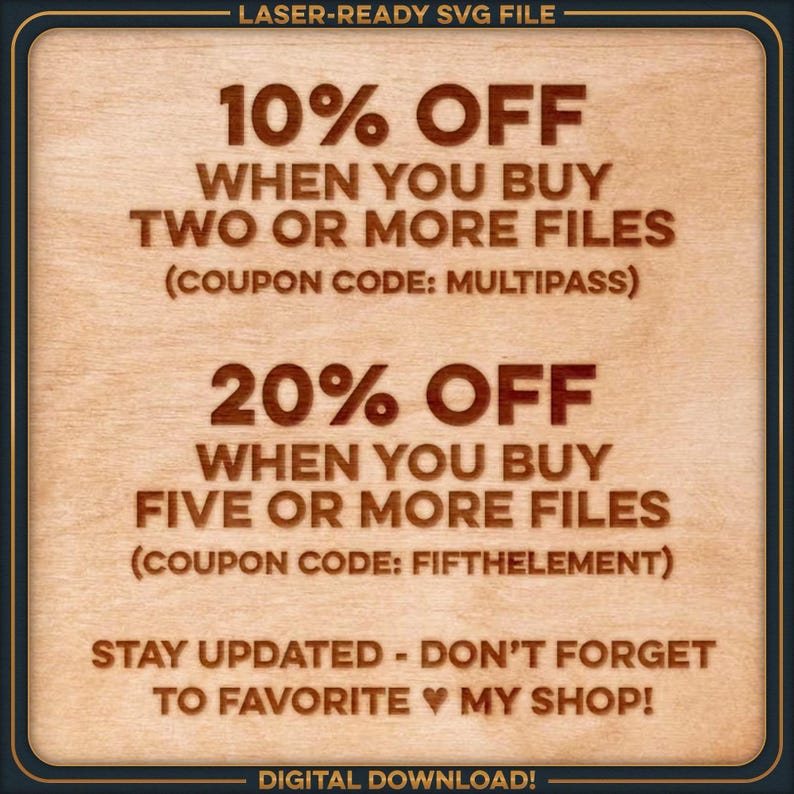 text that provides information about a discount or sale, specifically for purchasing multiple files. It includes a 10% discount when buying two or more files, a 20% discount when buying five or more files, and a 20% discount when buying five or more files. The text also mentions that the discount applies to the purchase of files, not individual files. Additionally, it encourages the viewer to stay updated and not forget to visit the shop.