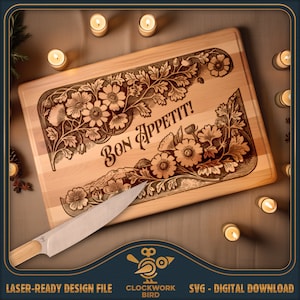 Bon Appetit Floral Charcuterie Board SVG / カッティングボード レーザー ファイル - レーザー彫刻用のビンテージ スタイルのデザイン