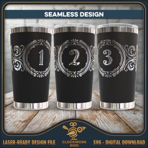 May include: Three black stainless steel tumblers with silver decorative designs and numbers 1, 2, and 3.  The tumblers are on a wooden surface.