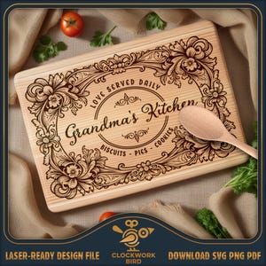 Omas Küche Boho-Stil Charcuterie Brett SVG / viktorianisches Schneidebrett Laser-Datei - Vintage-Stil Design für die Lasergravur