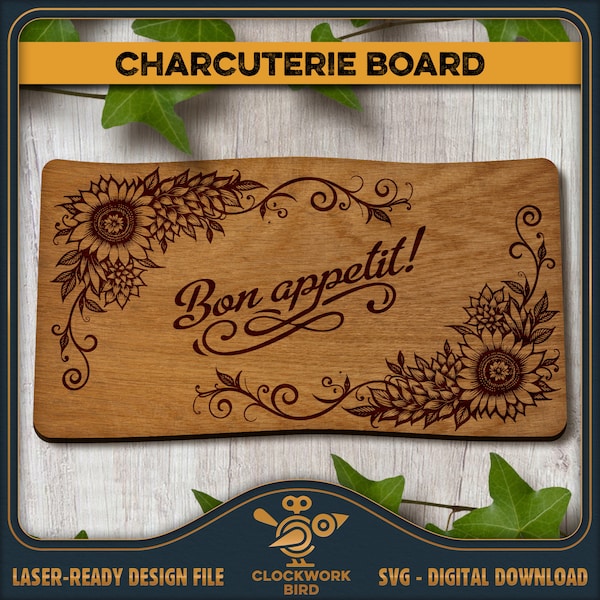 Bon Appetit - Sunflowers cutting board SVG / charcuterie board laser file for cutting and engraving