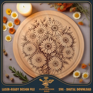 Tabla de charcutería SVG: Flores silvestres - Lazy Susan / Circle / archivo láser de diseño de tabla de cortar redonda para cortar y grabar