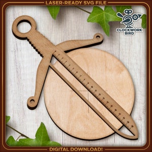 May include: A wooden tool with a ruler and a circular protractor. The tool is designed for measuring and marking circles. The tool is laser-cut and ready to be assembled. The image includes the text "LASER-READY SVG FILE", "CLOCKWORK BIRD", and "DIGITAL DOWNLOAD!"