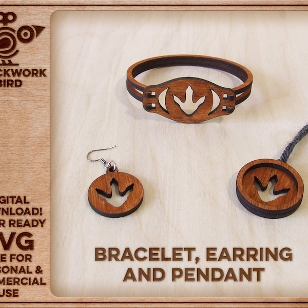 Dinosaur (T Rex) Footprint wooden jewelry set (bracelet, earring, pendant) - Unique laser cut file