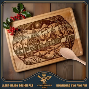 Weihnachtsdorf - Schneidebrett SVG / Charcuterie Brett Laser-Datei - Vintage-Stil Design für die Lasergravur