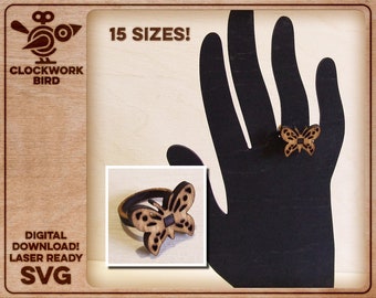 Butterfly - wooden ring in 15 sizes - Unique laser cut file