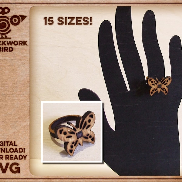 Butterfly - wooden ring in 15 sizes - Unique laser cut file