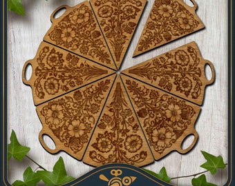 Pizza Serving Tray SVG / Floral pizza board for 8 slices. Laser file for cutting and engraving