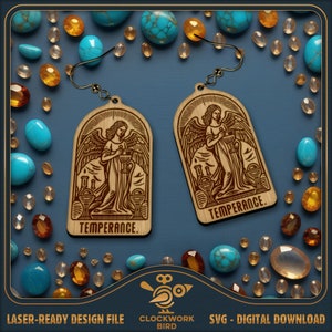 Pendientes de cartas de tarot de templanza SVG - Archivos láser únicos de pendientes de arcanos mayores para cortar y grabar