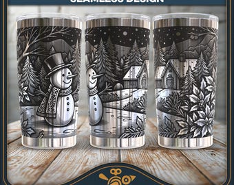 Christmas Snowman Tumbler Seamless SVG laser file - Vintage style design for 20oz or 30oz tumbler engraving