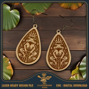 Boucles d'oreilles Prince grenouille SVG - Boucles d'oreilles pendantes, conception de boucles d'oreilles pendantes - Fichier laser unique pour la découpe et la gravure