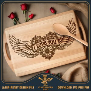 Je t'aime coeur ailé, planche à découper Saint-Valentin SVG / fichier laser de planche de charcuterie - conception de style vintage pour la gravure au laser