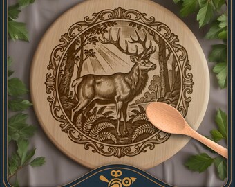Elk in het bos rond bord SVG – Vintage lasergravureontwerp met wilde dieren
